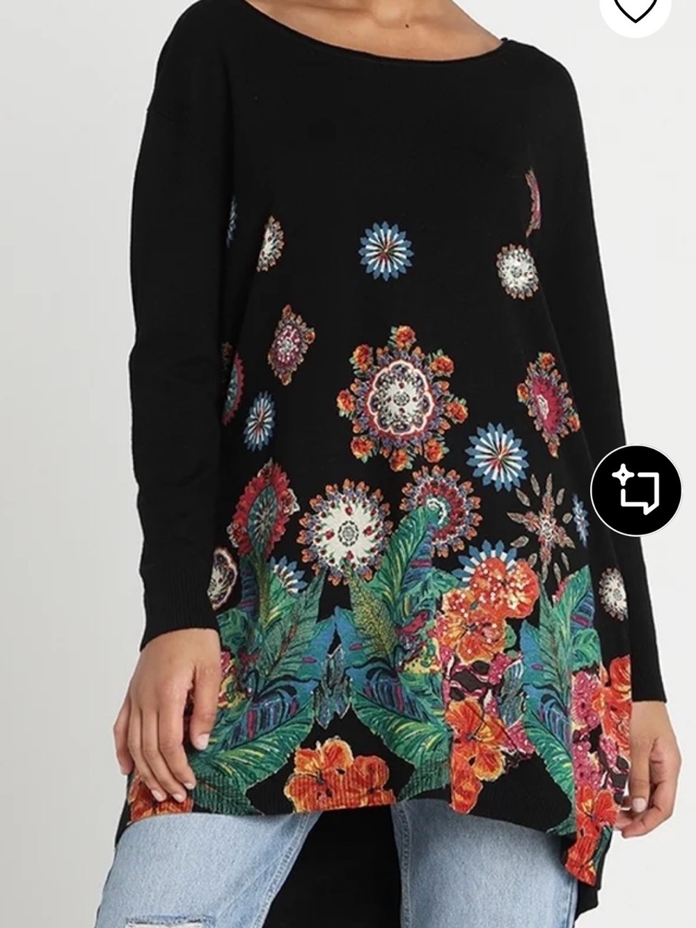 Desigual Black Floral-Print Long Sleeve Tunic Multicolor boho medium